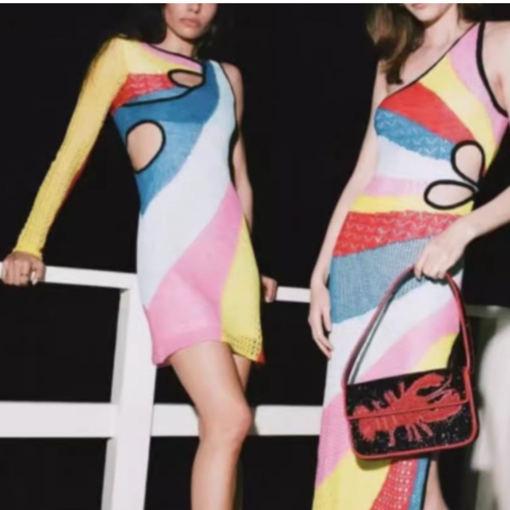 STAUD One-Shoulder Colorblock Knit Dress in Pink, Yellow, Blue, Red, White